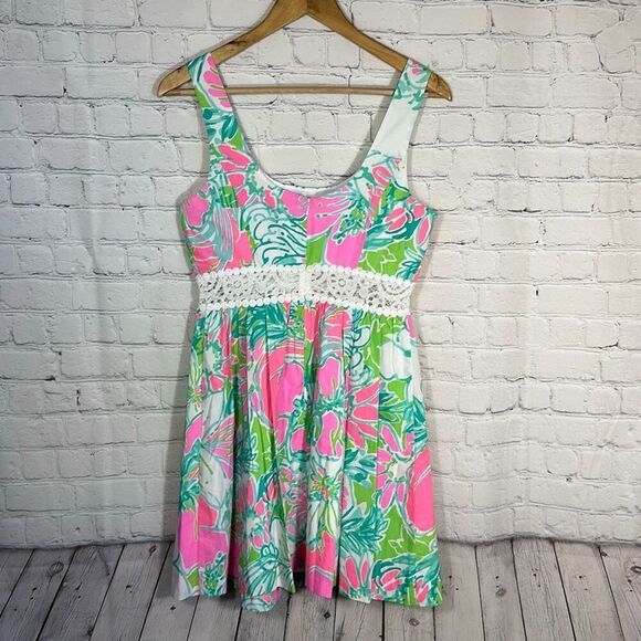 Lilly Pulitzer Dress 2 Rosemarie Flamingo Pink Lace Waistband Flare Skirt - Picture 4 of 10